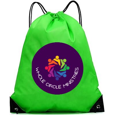 bright green string backpack with Whole Circle Ministries rainbow colored logo on a purple circle.